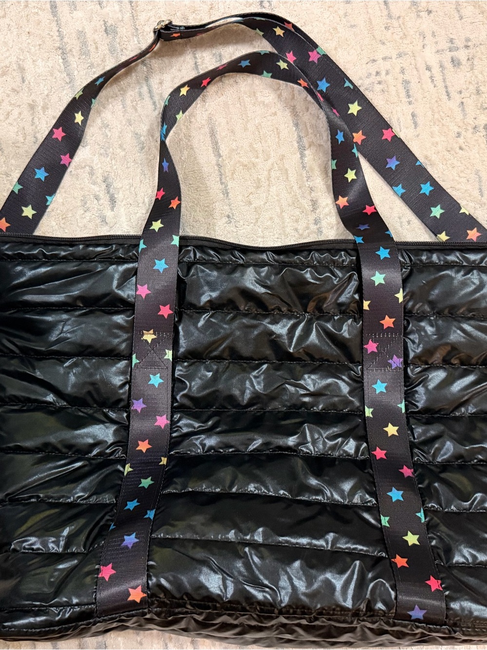 Black Puffer Tote Bag with Multicolor Star Straps